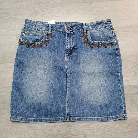 Nwt AB Jeans Denim Jean Skirt Country Western Embroidery Pencil Short Size 14 - Picture 1 of 4